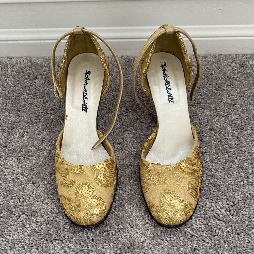 Gold Embroidered Ankle-Strap Heels